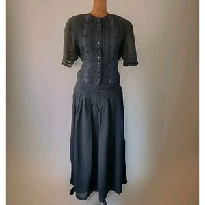 Vintage L.G.S. Dress Size 10 Black Dark Cottage Prairie Drop Waist Embroidered